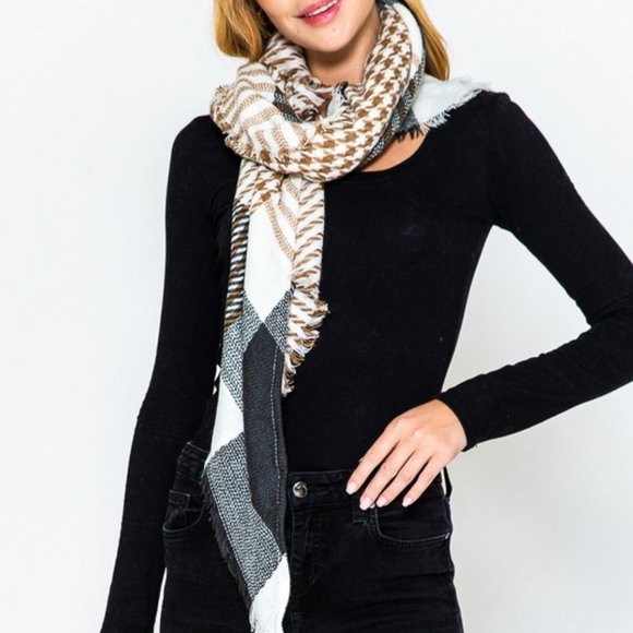 Houndstooth Plaid Triangle Scarf, Tan/Black/White - Picture 7 of 8